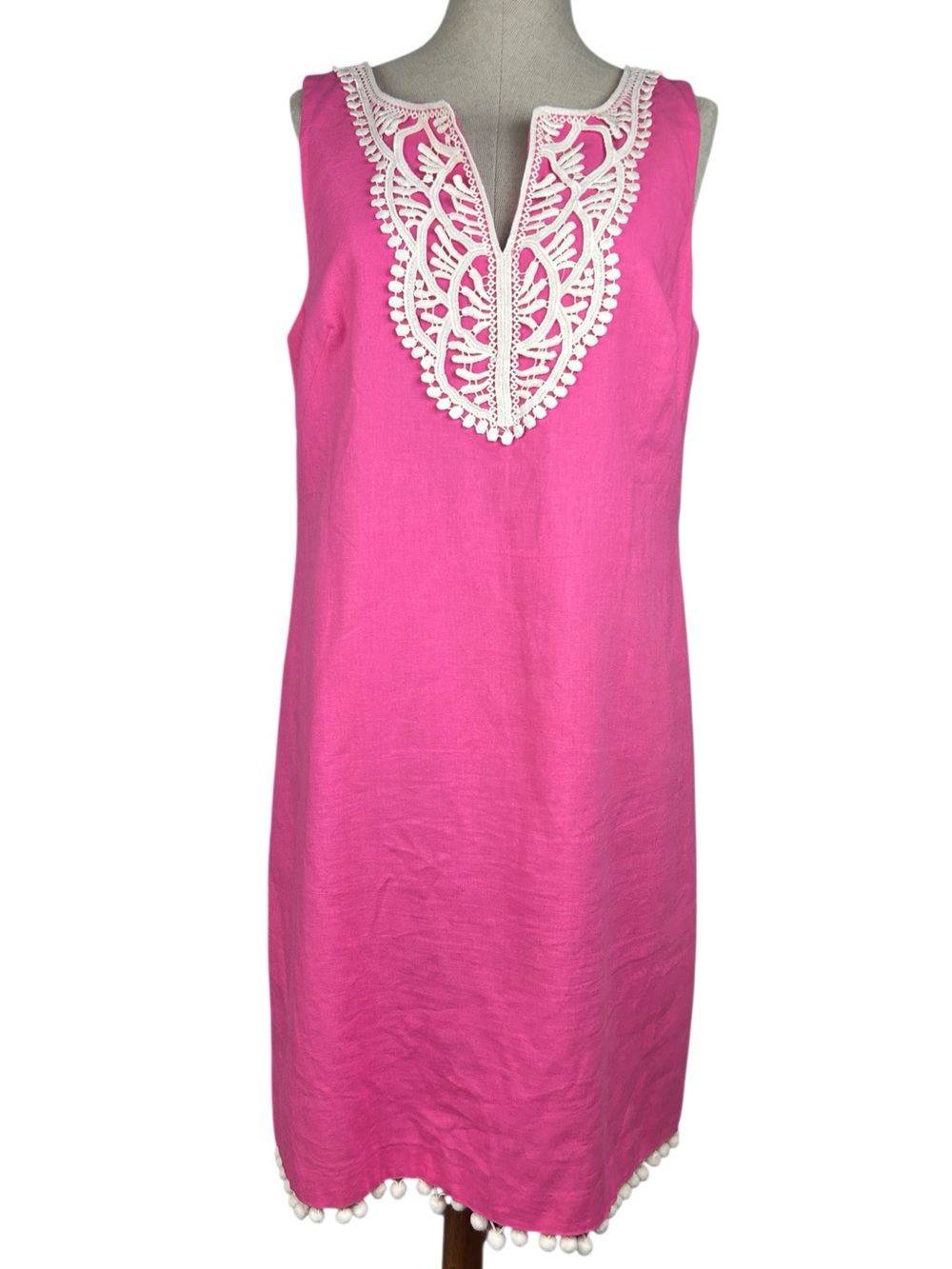J Howard Hot Pink Linen Blend Lace Appliqué  Shift with Pom Pom Hem Size 12